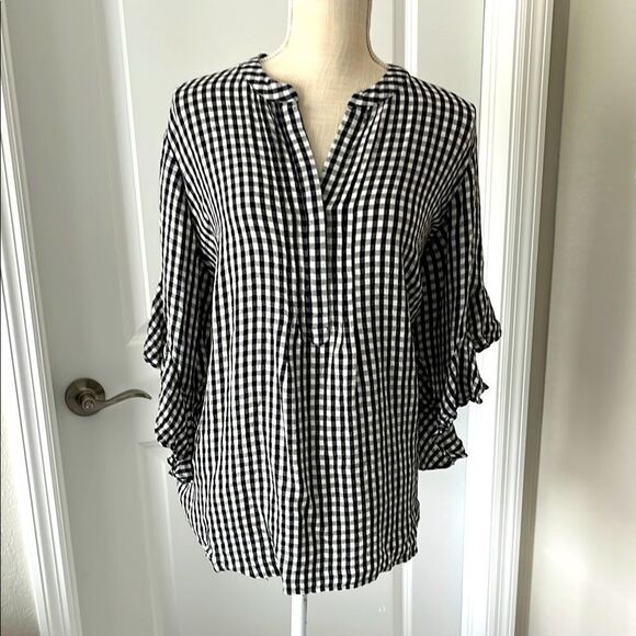 Vince Camuto Black and White Gingham Popover Trumpet Sleeves SZ 1X - Picture 1 of 7